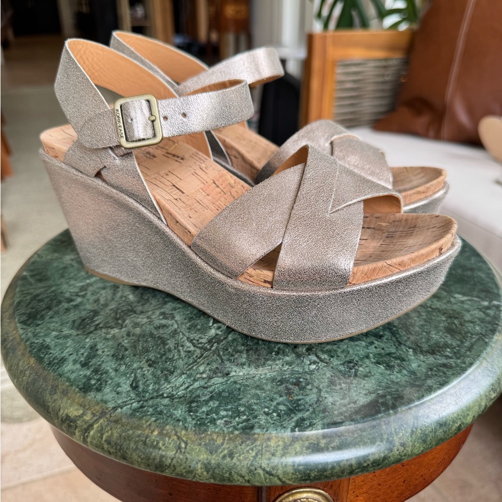 Kork-Ease “Ava” Wedge Sandals in Metallic Gold Leather